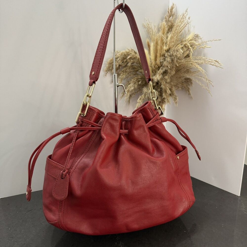 Cole Haan Red Pebbled Leather Drawstring Hobo Bucket Bag Shoulder Handbag Large